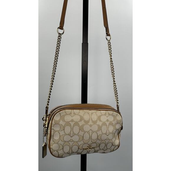 Coach Signature Canvas Camera Bag Crossbody Chain Strap Tan Leather - Picture 6 of 10